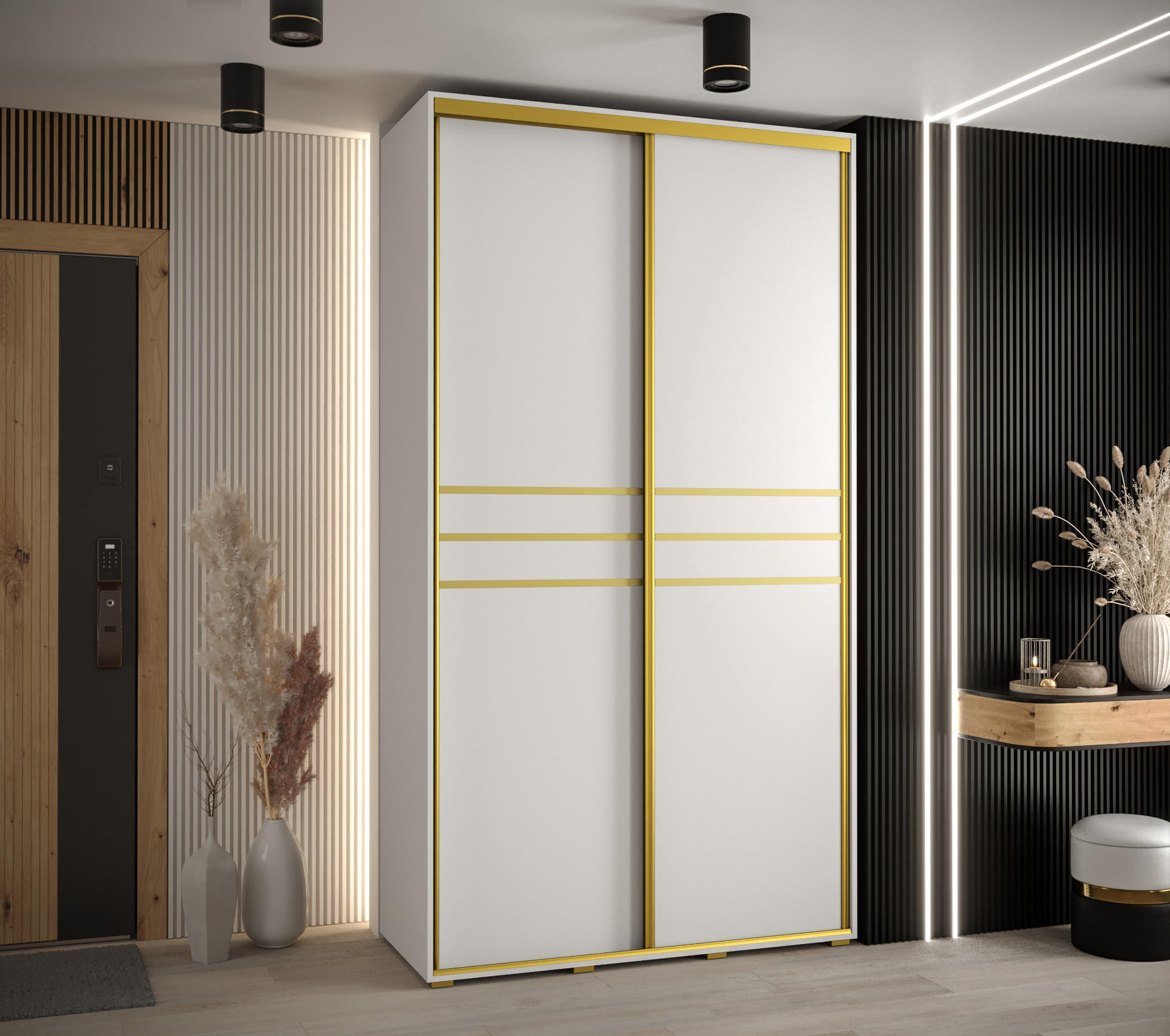 SCHWEBETÜRENSCHRANK 235,2/140/45 2-türig - Goldfarben/Weiß, Holz/Metall (140/235/45cm) - Abiks Möbel