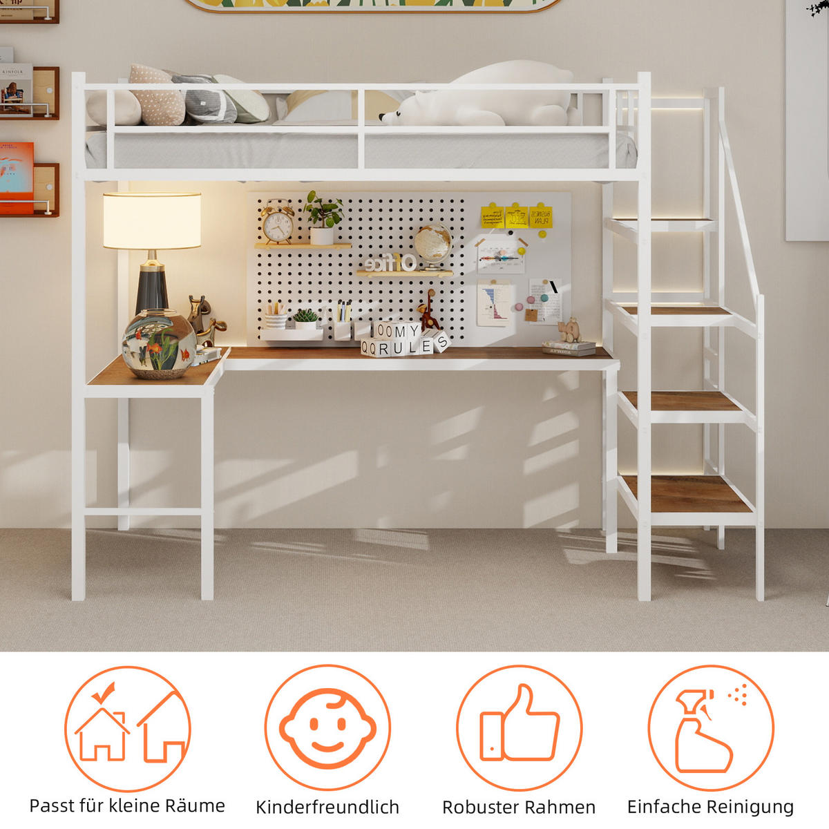 HOCHBETT Schreibtisch L Form Stauraum - Weiß, Metall - LEBENLANG