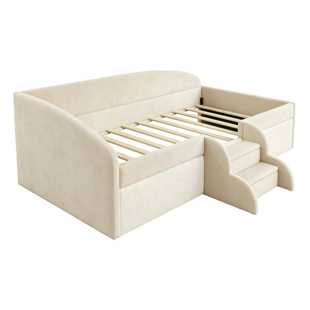 POLSTERBETT 90/190 cm in Beige mit Schutzbügel, Stufen und Lattenrost aus Samt - Beige, Holzwerkstoff/Textil (90/190cm) - STILVORA