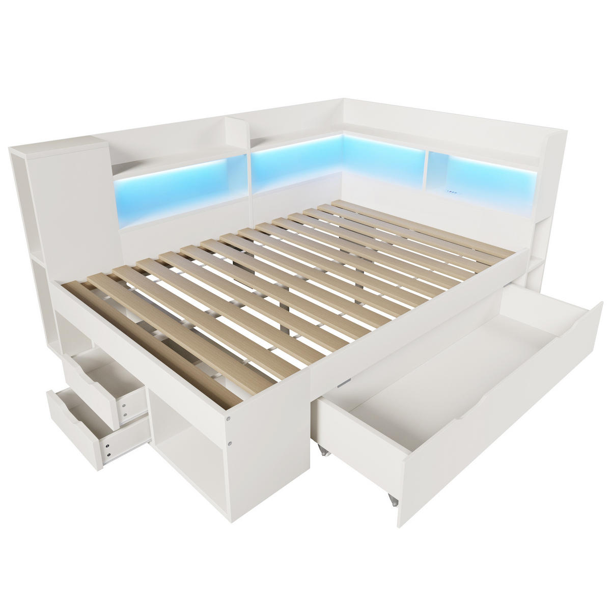 DENNÁ posteľ 140/200 cm biela z MDF a drevotriesky s LED osvetlením úložným priestorom a USB nabíjaním - biela, kompozitné drevo (140/200cm) - OKWISH