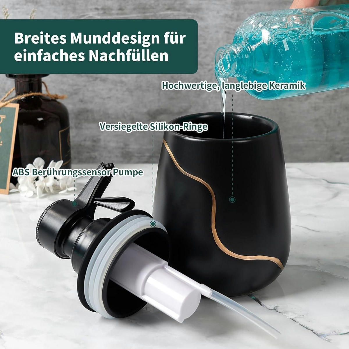 SEIFENSPENDER Automatisch Schwarz Keramik 560ml - Schwarz, Keramik (9/17/10cm)