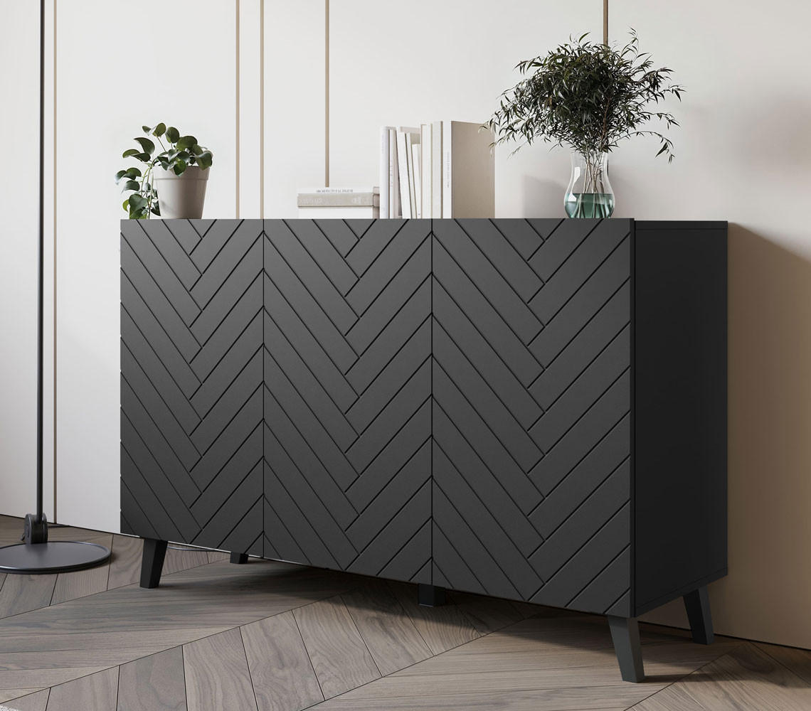 KOMMODE Phuket Graphit Schwarz, Fischgrätenmuster 120 / 39 / 76 cm - Graphitfarben/Schwarz, Holz/Holzwerkstoff (120/76/39cm) - Feldmann-Wohnen