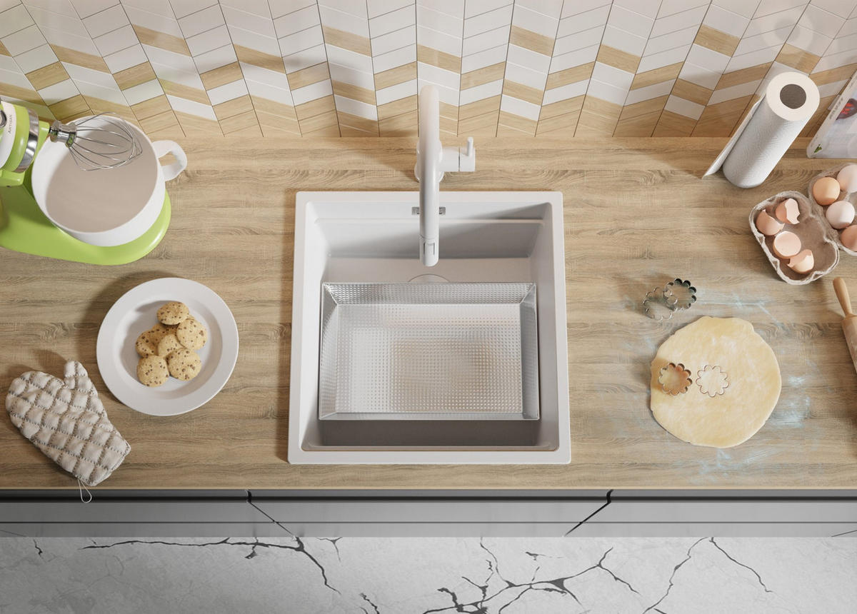 SPÜLBECKEN Praga Slim, 2-er set Weiß 46/47 cm 1 Becken + Ablauf-Set + Aufrollbare Abtropffläche ab 50er Unterschrank - Chromfarben/Weiß, Kunststoff (46/20/47cm) - Primagran