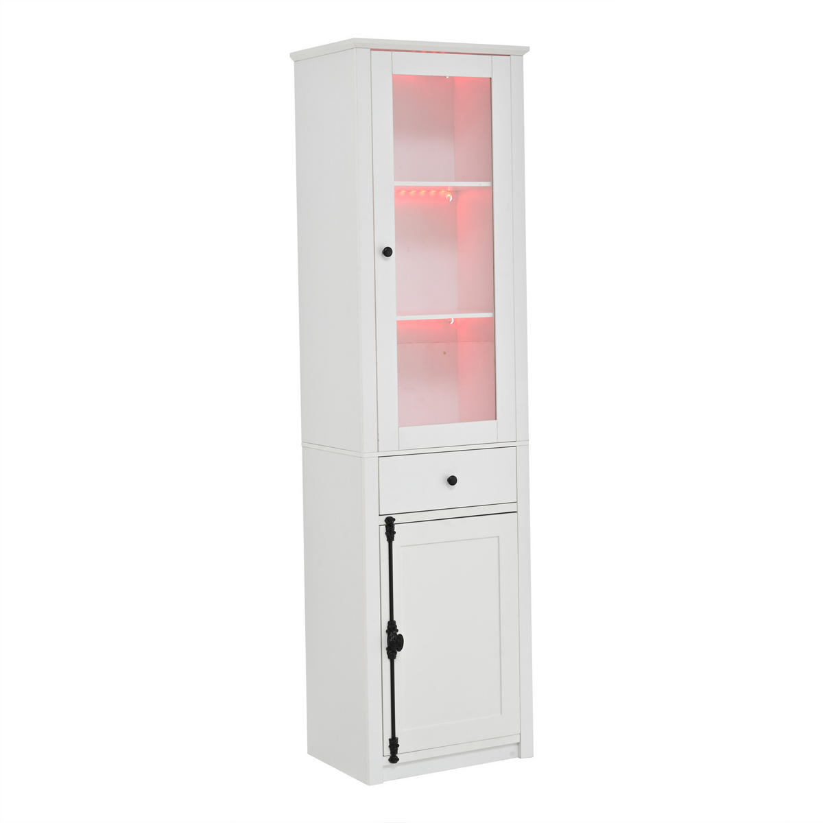 VITRINE LED Hochschrank Glas 200cm 2 Türen Schublade Weiß - Weiß, Holzwerkstoff (55/200/40cm) - FLIEKS