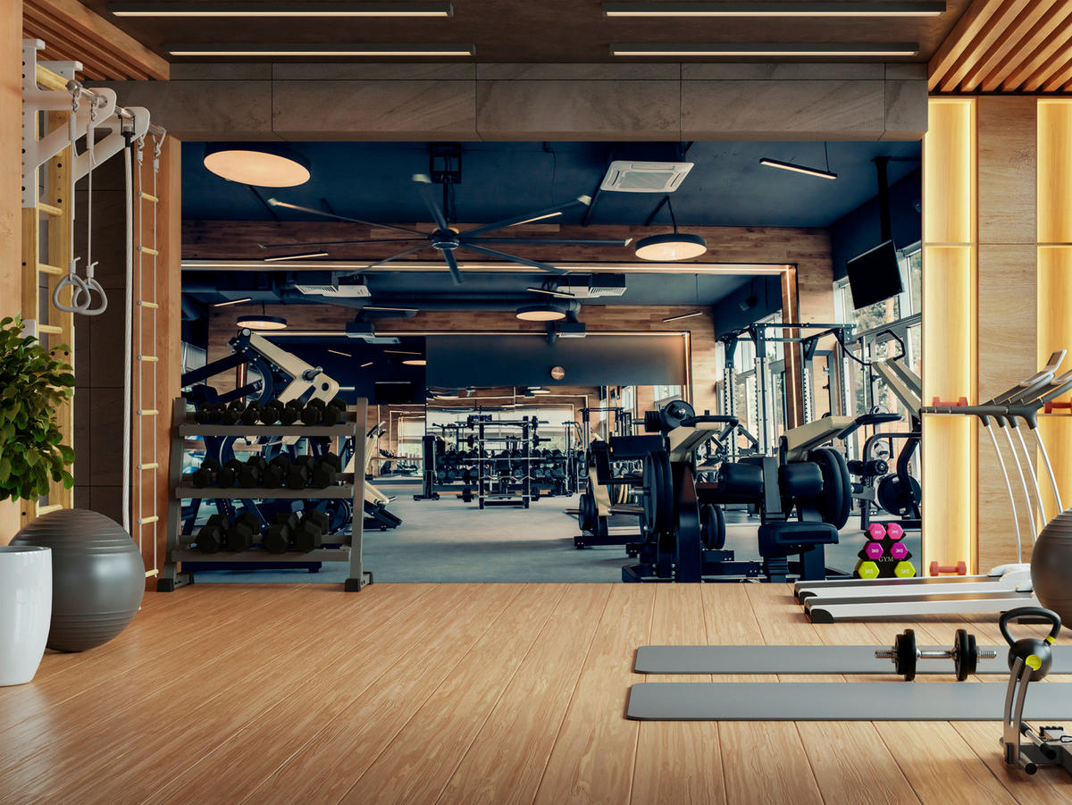 FOTOTAPETE Modernes Fitnessstudio Trainingsgeräte Sport 300x210 - Schwarz/Braun, Papier (300/210cm) - Muralo