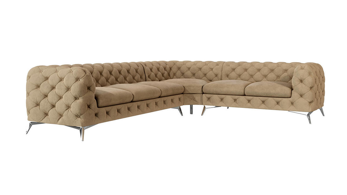 ECKSOFA Chesterfield Laura Beige Samt - Beige/Silberfarben, Holz/Textil (323/264cm) - S-Style Möbel