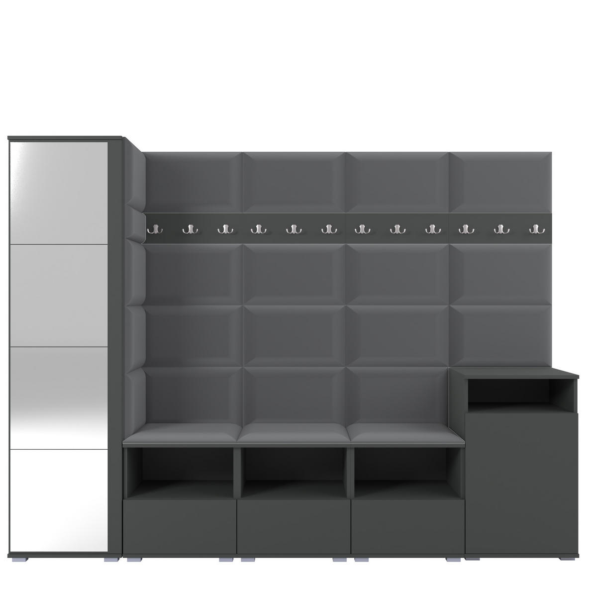 GARDEROBE NELA XI 250 cm (Modulare Flurmöbel Graphit mit Spiegel & Sitzpolster Dunkelgrau 15 Großes Set) - Dunkelgrau/Silberfarben, Holz/Holzwerkstoff (250/187/40cm) - Ravio