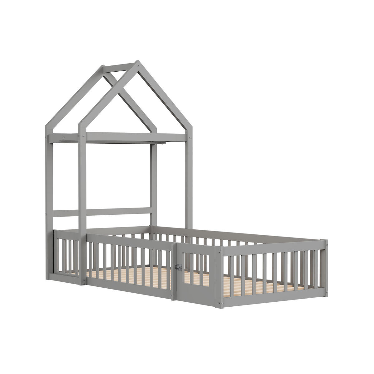 HAUSBETT 90/200 cm grau mit Stauraum und Vollschutzgitter - Grau, Holz (90/200cm) - OKWISH