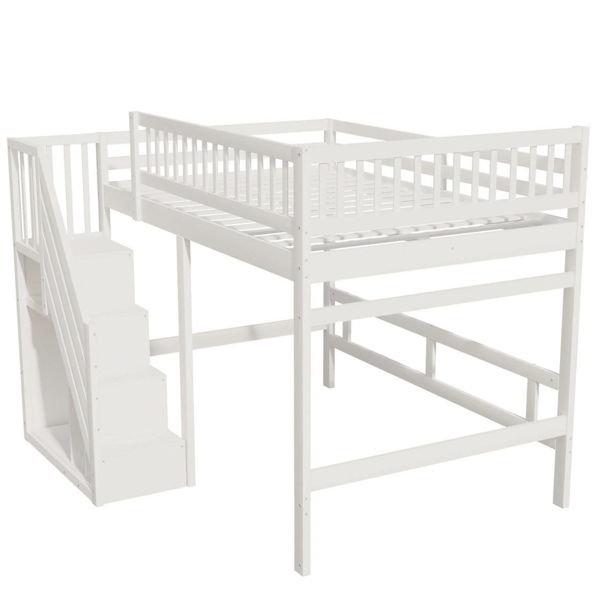 HOCHBETT aus Massivholz 140x200 cm in Weiß mit Aufbewahrungstreppe - Weiß, Holz (140/200cm) - Modfu