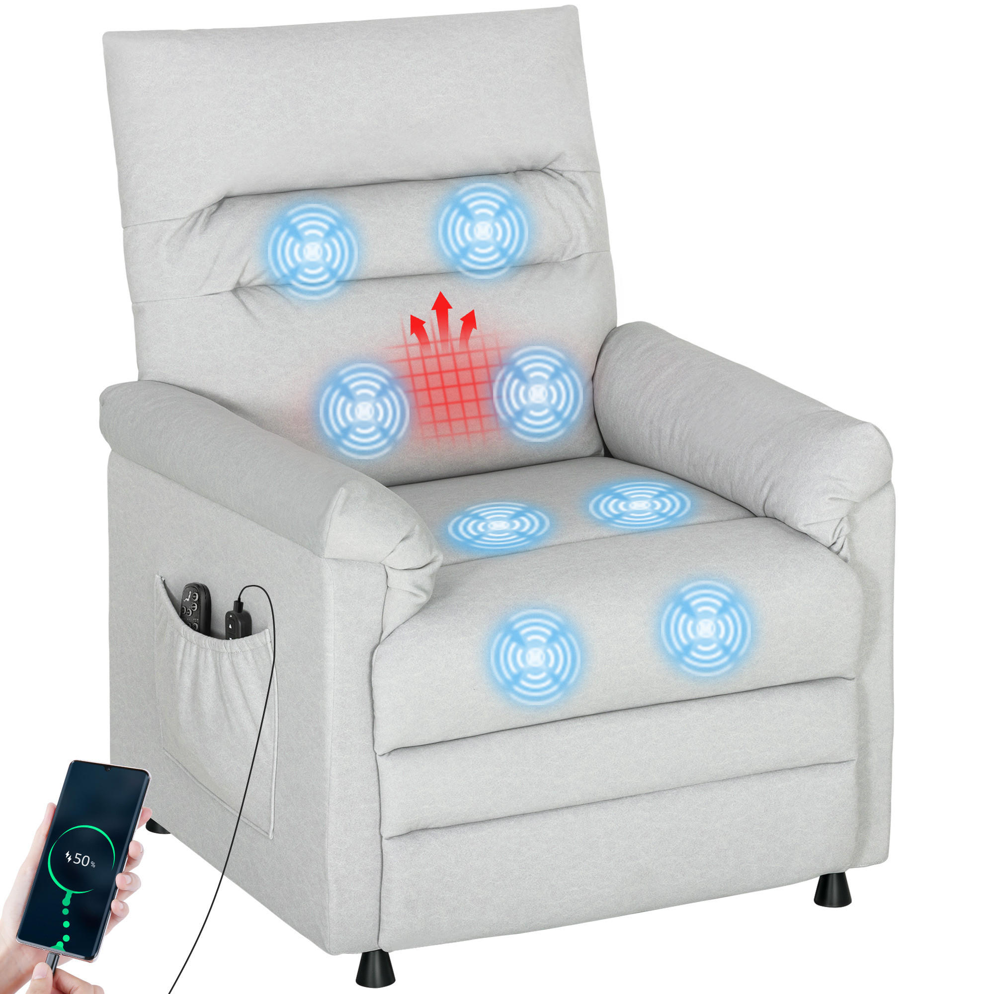 MASSAGESESSEL DE-15448 leiser Motor mit Massage & Heizung Grau - Hellgrau, Metall (82/106/99cm) - ComfortXL