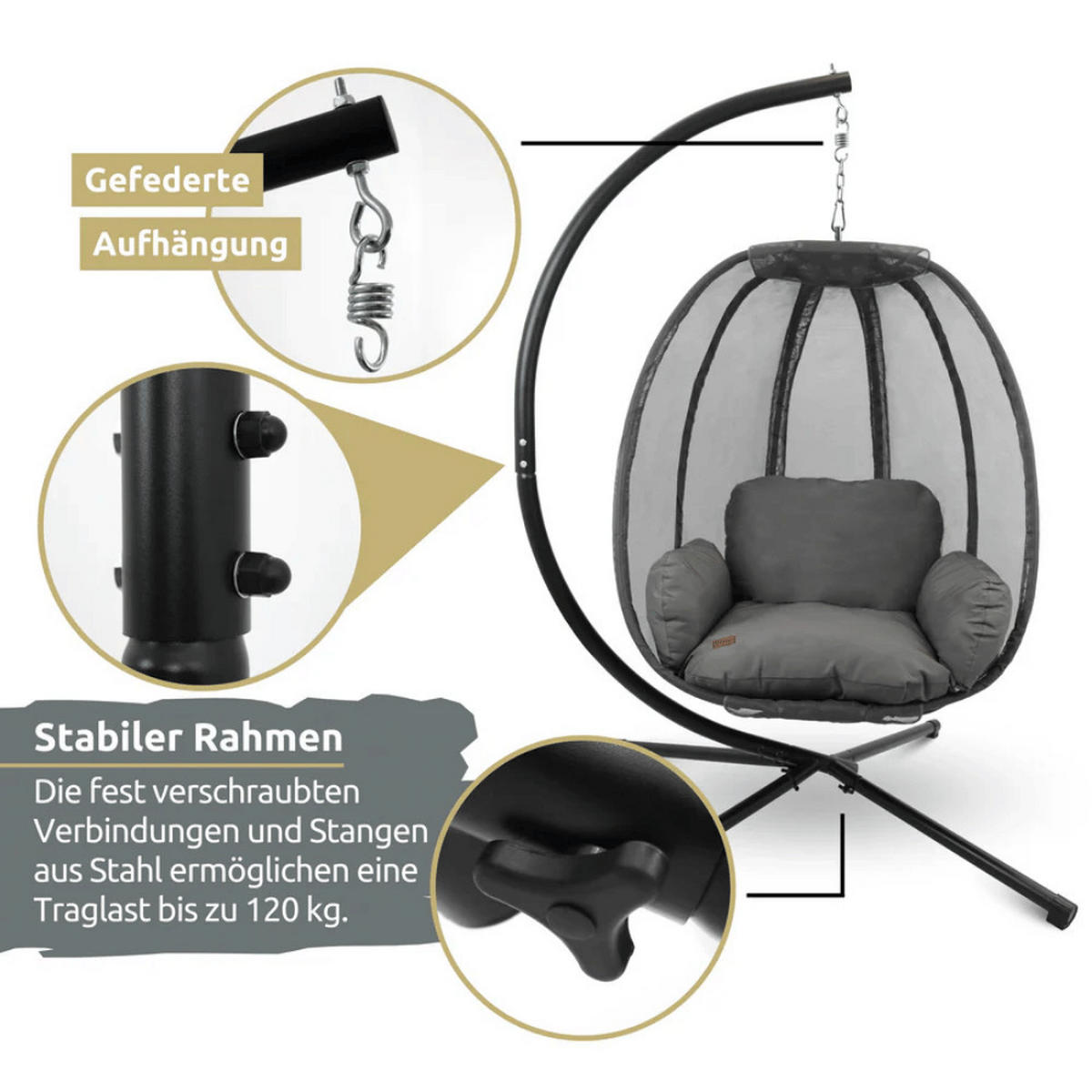 HÄNGESESSEL mit Gestell MELA Indoor/Outdoor Anthrazit - Anthrazit, Metall (120/185/100cm) - DELUKE