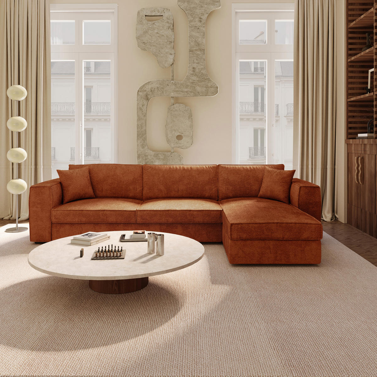 ECKSOFA rechtwinklig MIKA Kettgewebe mit weichem Griff Terrakotta 292cm - Dunkelorange/Terracotta, Textil (292/100cm) - Premium Interiors