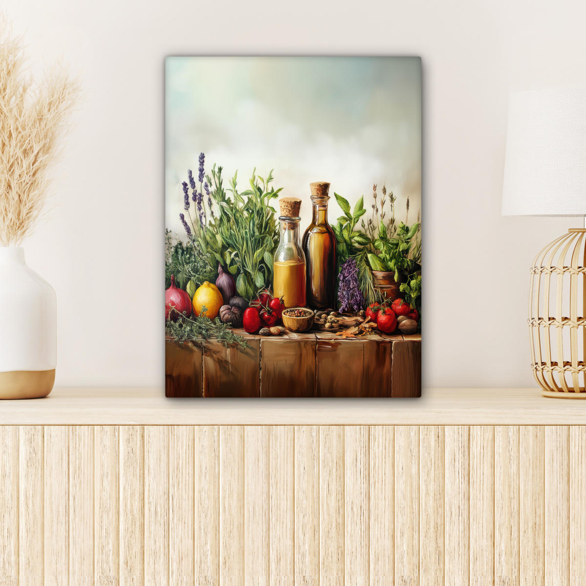 LEINWANDBILD Stilleben - Kräuter - Gewürze - Früchte - Farbenfroh Room Decor 30x40 cm - Grün, Textil (30/40cm) - MuchoWow