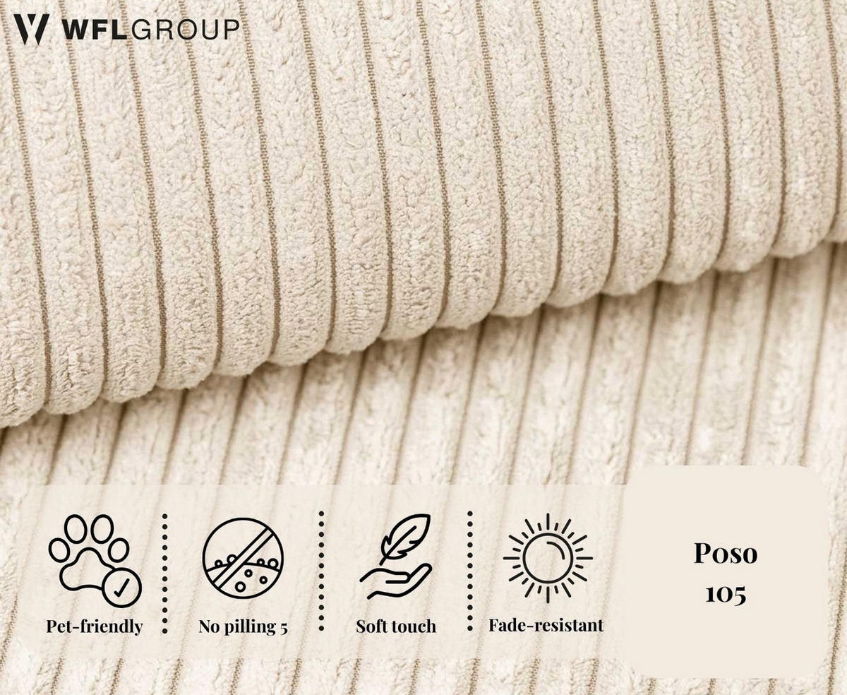 ECKSOFA Hana Loft 3-Sitzer Ecke Rechts, Cordstoff Chenille, Creme 241/80/168 cm - Creme/Schwarz, Textil/Metall (168/241cm) - WFL GROUP