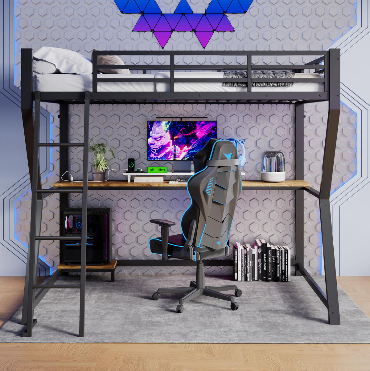 HOCHBETT 90/200 cm Schwarz aus Metall/MDF mit Schreibtisch - Schwarz, Metall (90/200cm) - OKMYHOME