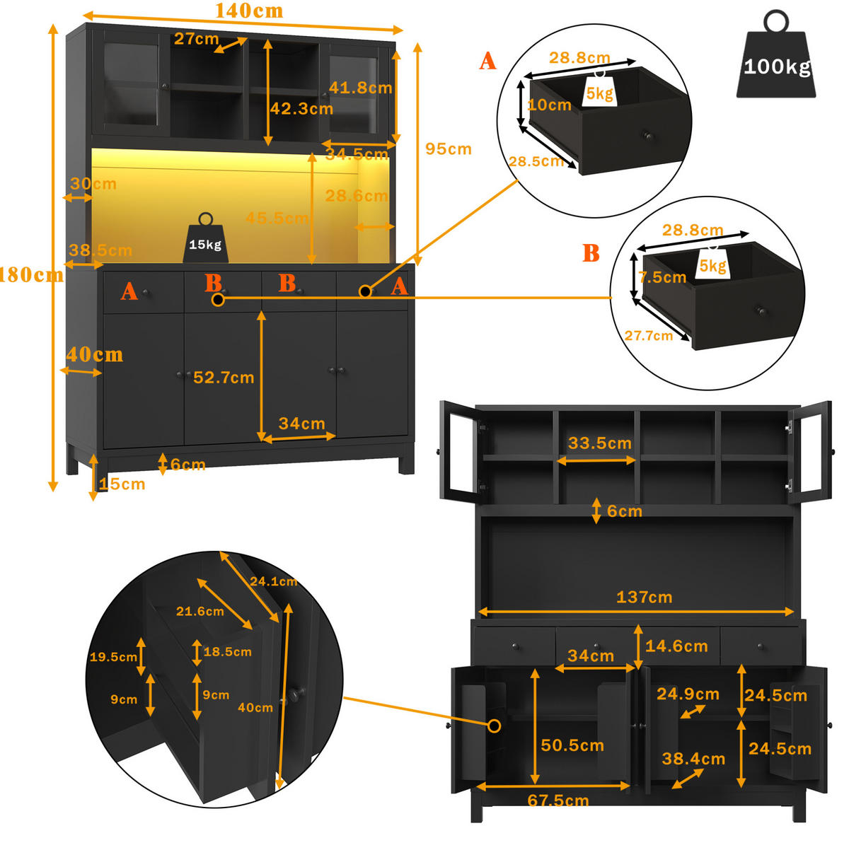 BUFFETSCHRANK aus MDF 140x38,5x180 cm Schwarz mit RGB-LED, Glastüren und 4 Schubladen - Schwarz, Holzwerkstoff (140/180/38.5cm) - IVMEU