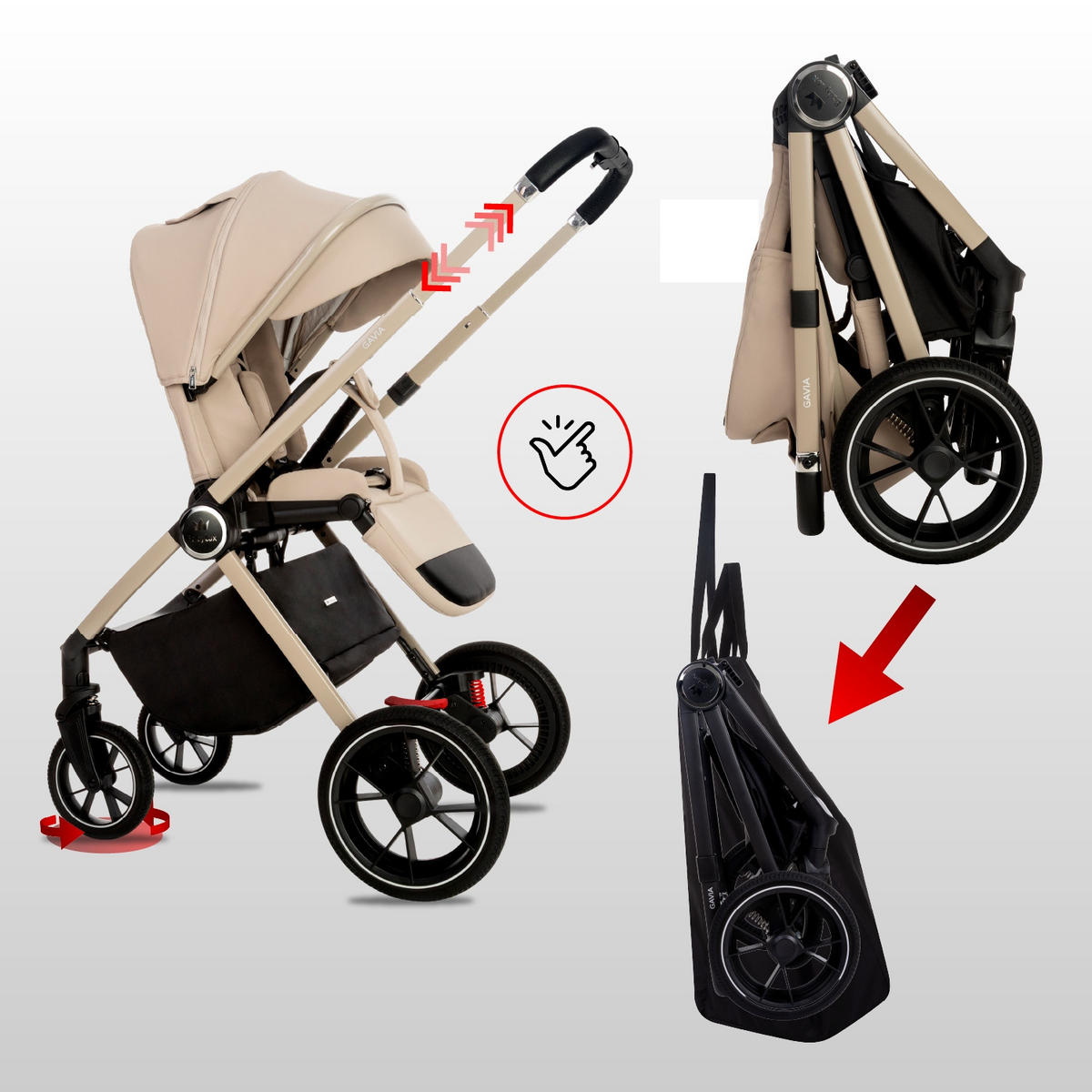 KINDERWAGEN Gavia 3in1 Brownie Babywanne, Buggy Sportsitz, Babyschale I-Size - Beige/Schwarz, Textil/Metall (58/99cm) - BabyLux