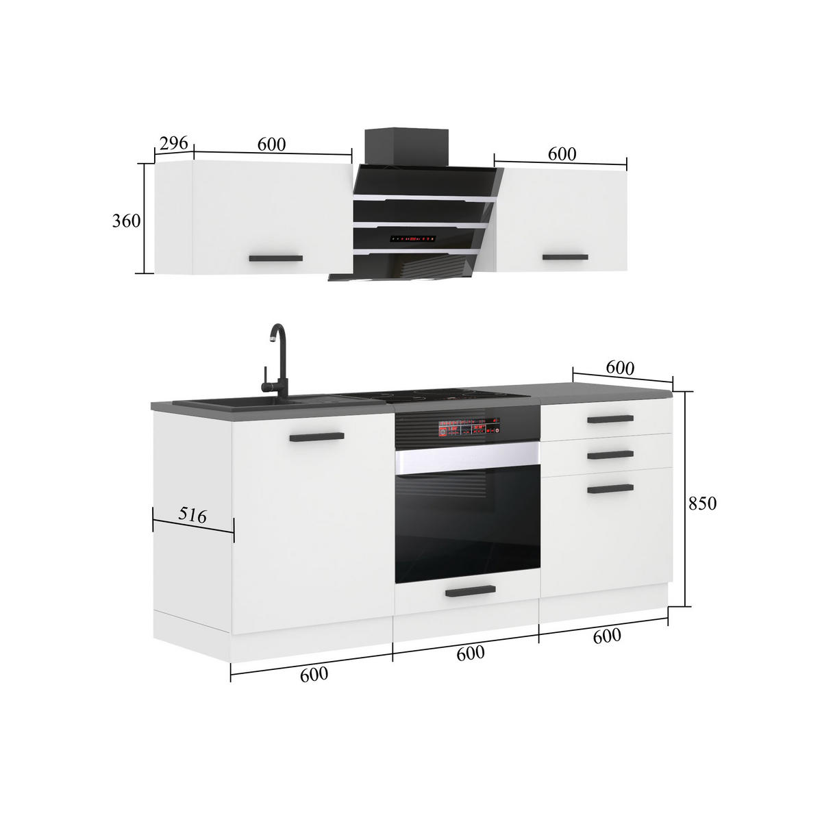 KÜCHENMÖBEL Sophia 180 cm, mit Arbeitsplatten, Schwarz Hochglanz - Schwarz Hochglanz, Holz (180/204/60cm) - B BELINI GROUP