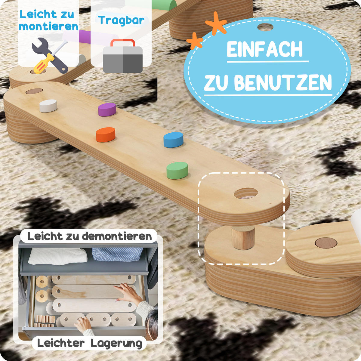 BALANCEBALKEN-KINDERSET aus Holz, 3-8 Jahre, zweiseitig, für Koordination - Multicolor, Holzwerkstoff (115/8.5/130cm) - AIYAPLAY