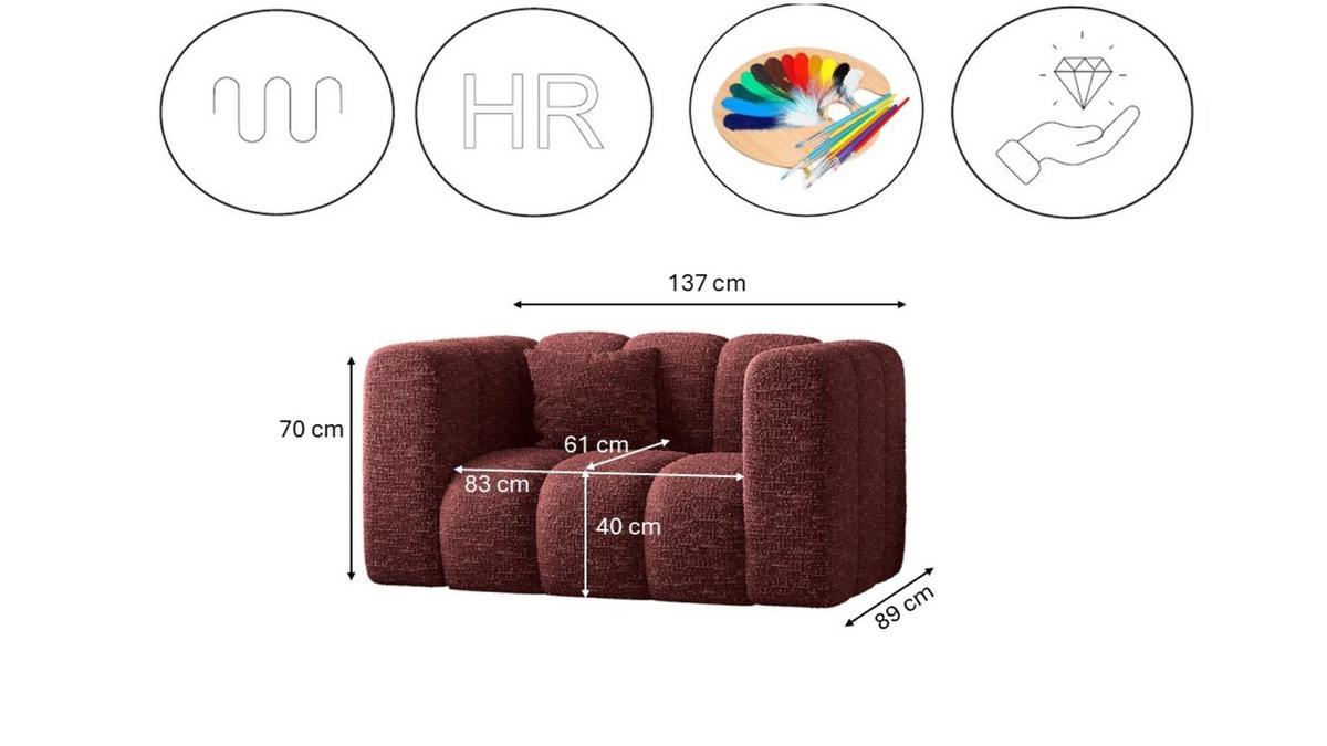 SESSEL Sofa Grand modular stoff Haga Rotwein - Rot, Holz (137/70/89cm) - Kaiser Möbel