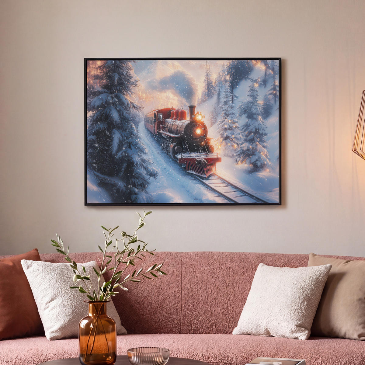 LEINWAND Bilder mit Rahmen - Weihnachtszug - Schnee - Winter - Weihnachten - 80x60 - Dunkelrot, Textil (80/60cm) - MuchoWow