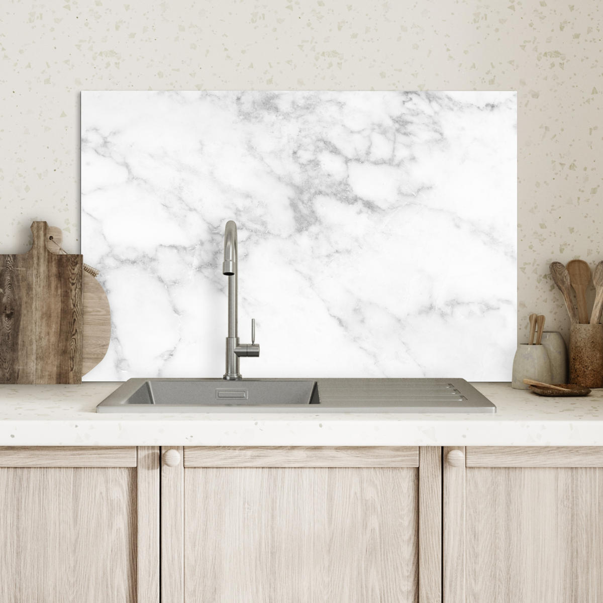 SPRITZSCHUTZ KÜCHE Marmor - Grau - Weiß - Strukturierter Marmor 60x40 cm - Weiß, Metall (60/0.3/40cm) - MuchoWow