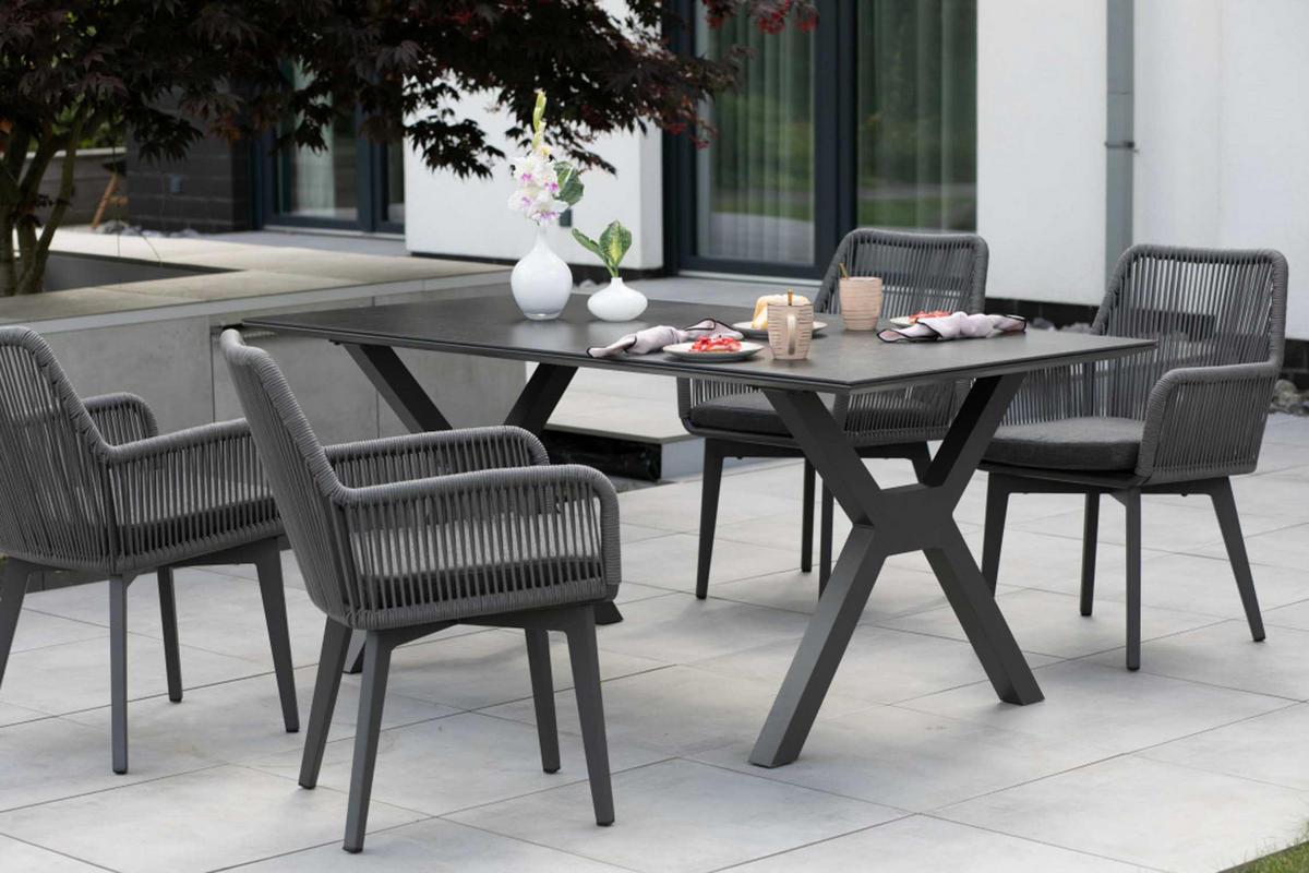 GARTENMÖBELSET Diningsessel Marbella mit Tisch Granada 200 x 90 cm - Grau, Metall - Mr. Deko