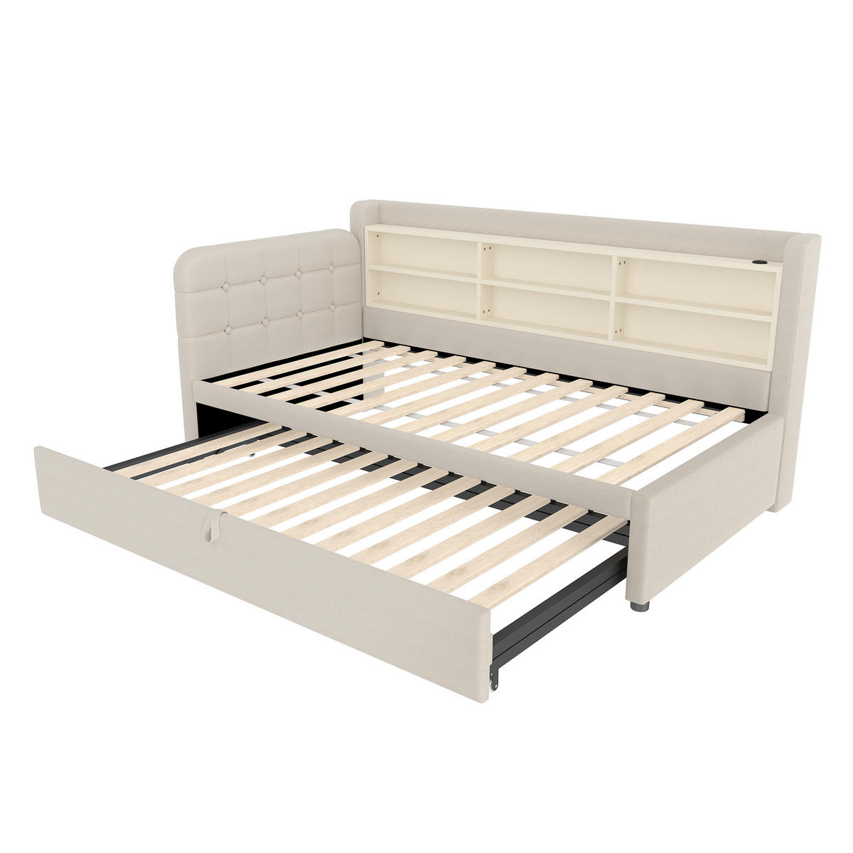 TAGESBETT mit Ausziehbett 90x200 cm Leinen Beige - Beige, Holz (90/200cm) - Meubliv