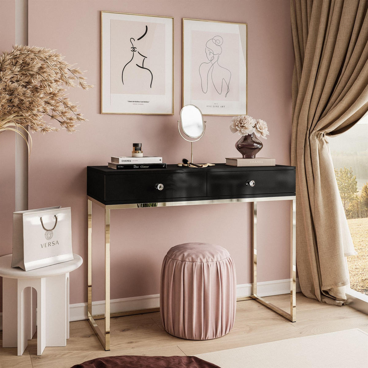 KONSOLE BLANCO mit Schubladen GOLD CHROM Schwarz Hochglanz Kristallgriff - Schwarz Hochglanz, Holzwerkstoff (42/100/81cm) - Lookway