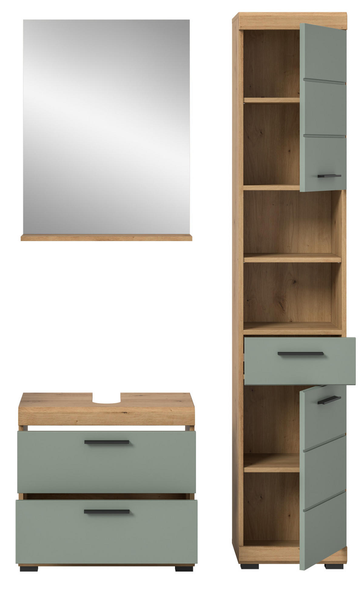 BADMÖBEL-SET Salbei grün, Eiche Artisan 3-teilig 112 cm, Komplettset mit viel Stauraum - Salbeigrün/Schwarz, Glas/Holzwerkstoff (112/191/37cm) - Inn.Furn
