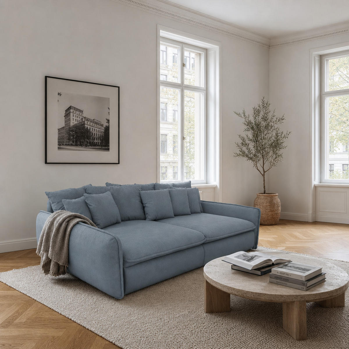 BIGSOFA Hereford Cord Blau inkl. 11 Kissen 234/131/61 cm - Blau, Kunststoff/Textil (234/61/131cm) - foamnova