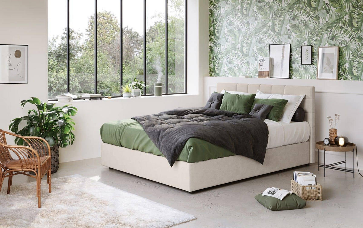 BOXBETT 140/160/180x200 – inkl. Topper, 7‑Zonen Taschenfederkern-Matratze, New York-Stoff - Beige/Buchefarben, Holz/Kunststoff (140/200cm) - Cotta