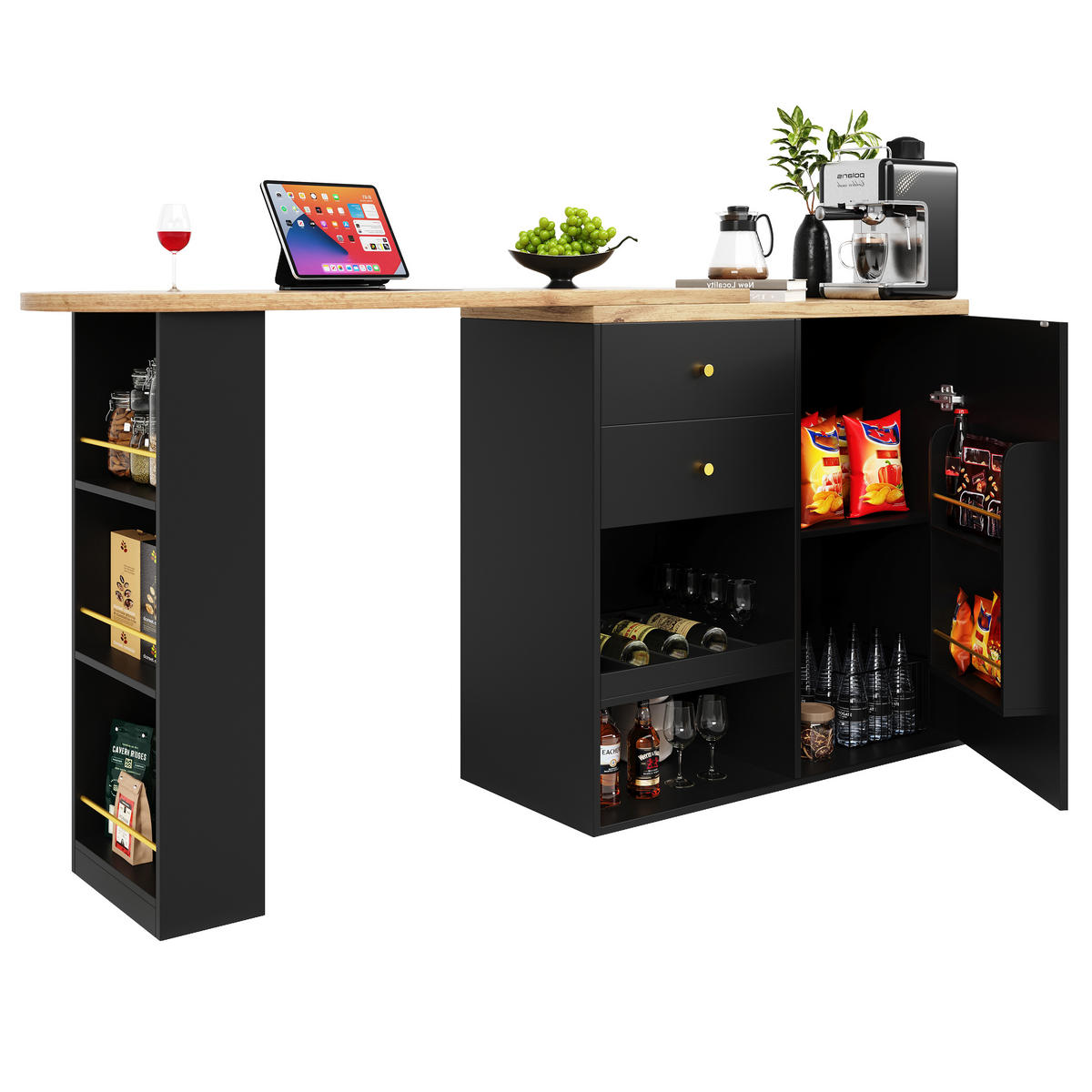 DREHBARER Bartisch/Schrank aus MDF, 105/39/102 cm + drehbares Regal, Schwarz, mit 4 Schubladen - Schwarz, Holzwerkstoff (39/102/105cm) - Redom