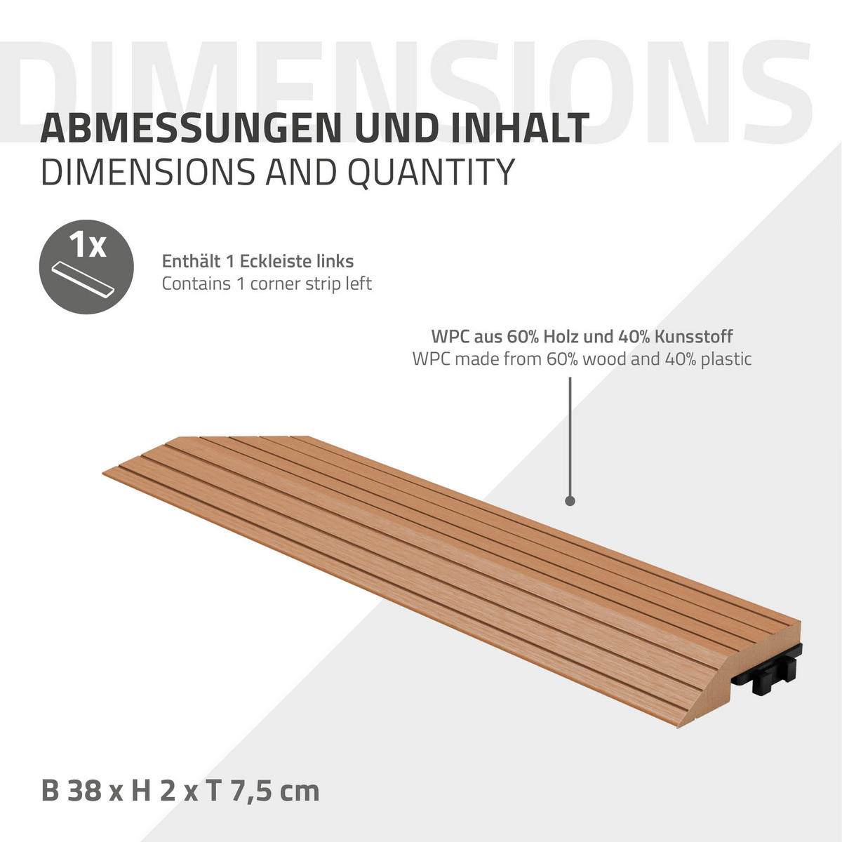 ABSCHLUSSLEISTE WPC Ecke links Hellbraun - Hellbraun, Holzwerkstoff (38/2/7.5cm) - ML-DESIGN