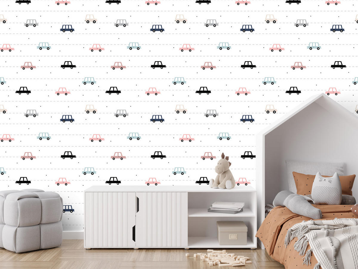 VLIESTAPETE Autos im skandinavischen Stil – Pastellbunt, Weiß – 50x1000 cm - Multicolor/Weiß, Papier (50/1000cm) - Muralo