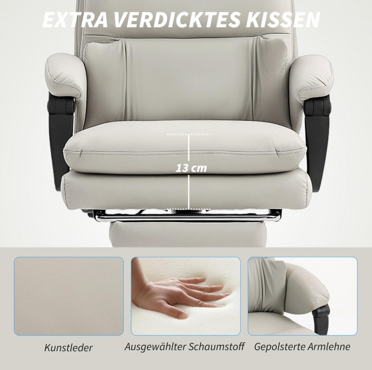 BÜROSTUHL höhenverstellbar mit Fußstütze Kunstleder Light Gray - Hellgrau, Kunststoff (60/121/66cm) - Meubliv