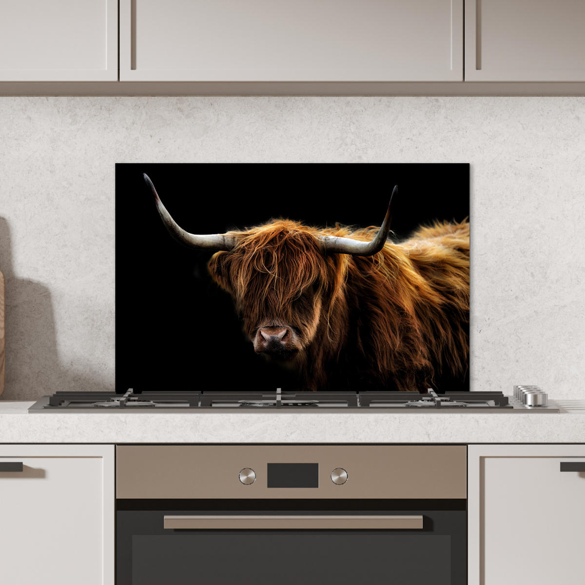 SPRITZSCHUTZ KÜCHE Schottischer Highlander - Hörner - Schwarz - Tiere - Natur - Wild - Kuh 60x40 cm - Cognac, Metall (60/0.3/40cm) - MuchoWow
