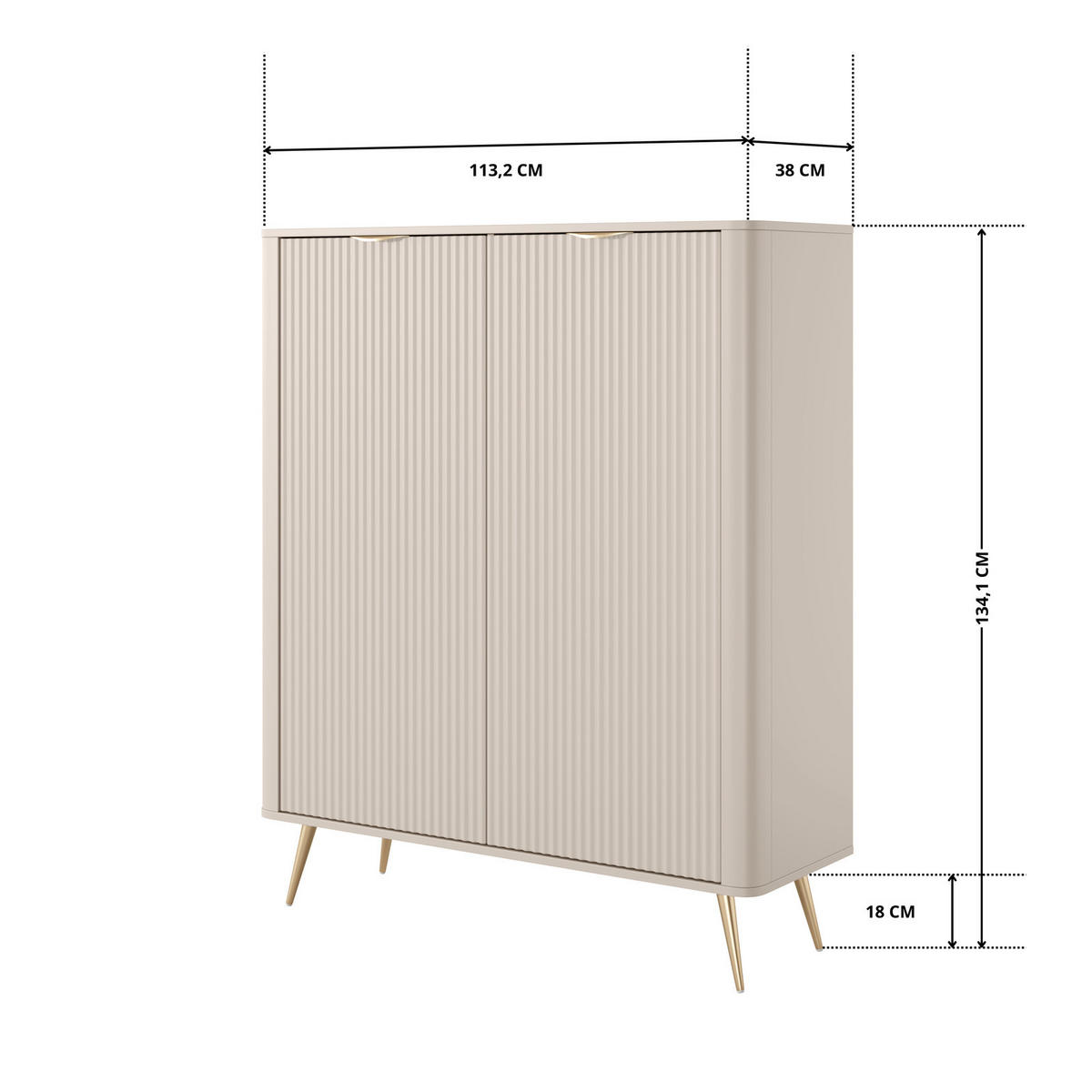 HIGHBOARD Flore Beige / Gold - 113 cm - mit geriffelten Fronten und 2 Türen - Beige/Gelb, Holz/Holzwerkstoff (113/134/38cm) - Ravio