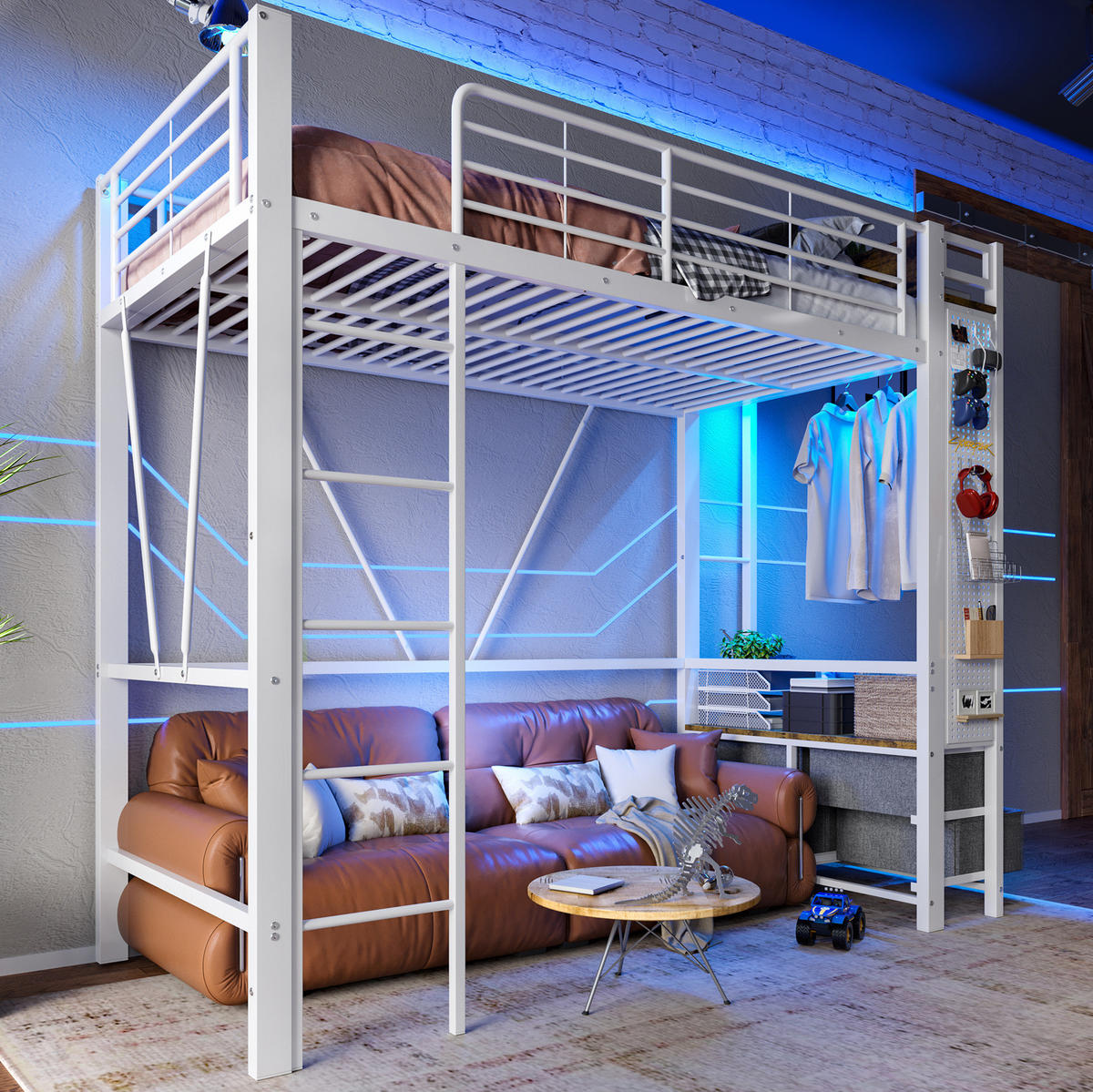 HOCHBETT 90/200 cm in Weiß – mit Stauraum, LED, Leiter und Rausfallschutz - Weiß, Metall (90/200cm) - BEAOK