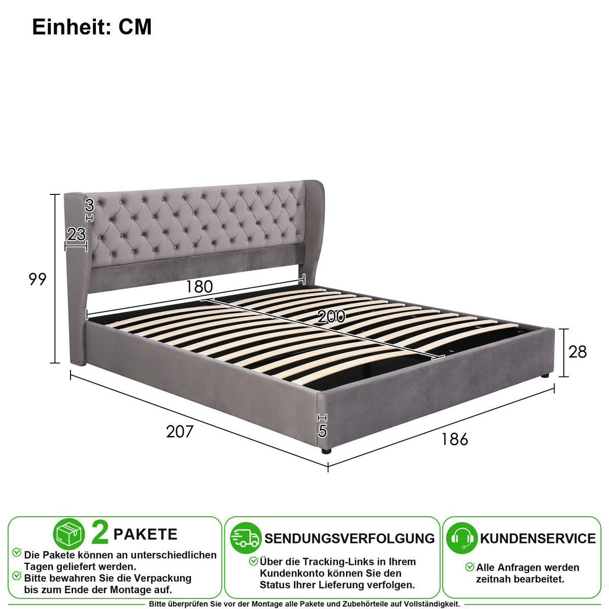 ČALOUNĚNÁ POSTEL 180/200 cm v šedé barvě ze sametu s úložným prostorem - šedá, kov/kompozitní dřevo (180/200cm) - CHICFURN