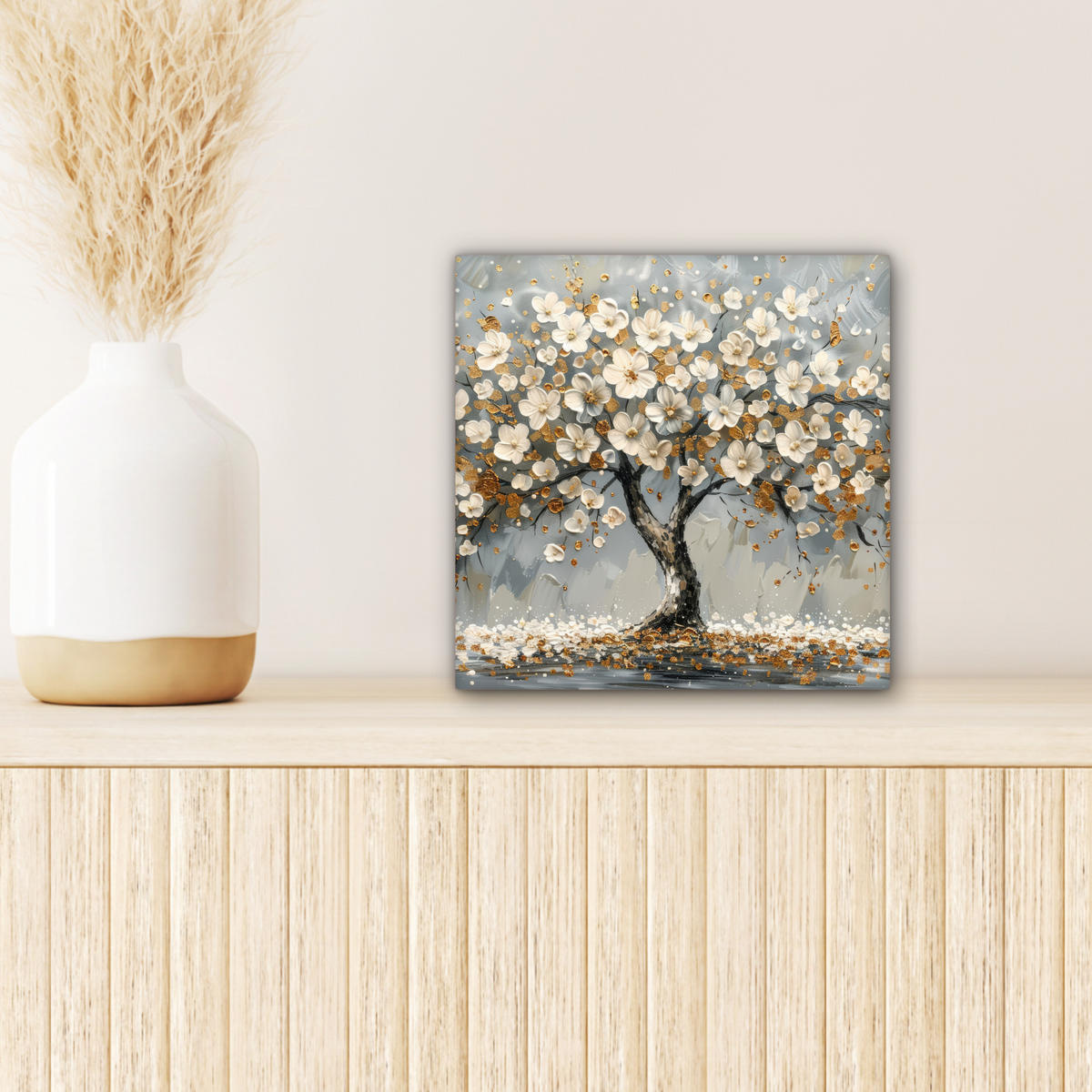 LEINWANDBILD Baum - Blumen - Weiß - Natur - Kunst Deko Wohnzimmer 20x20 cm - Weiß, Textil (20/20cm) - MuchoWow