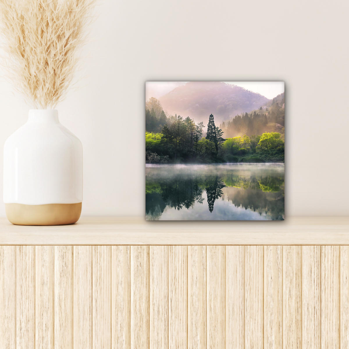 LEINWANDBILD Natur - Bäume - Berge - See - Wasser Deko Wohnzimmer 20x20 cm - Hellgrün, Textil (20/20cm) - MuchoWow