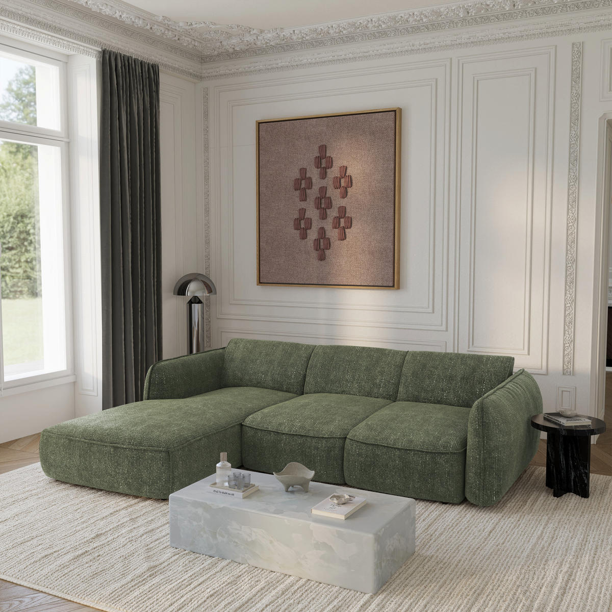 ECKSOFA RECHTS Rastervelours 274cm - Olivgrün, Textil (274/174cm) - Sia Home