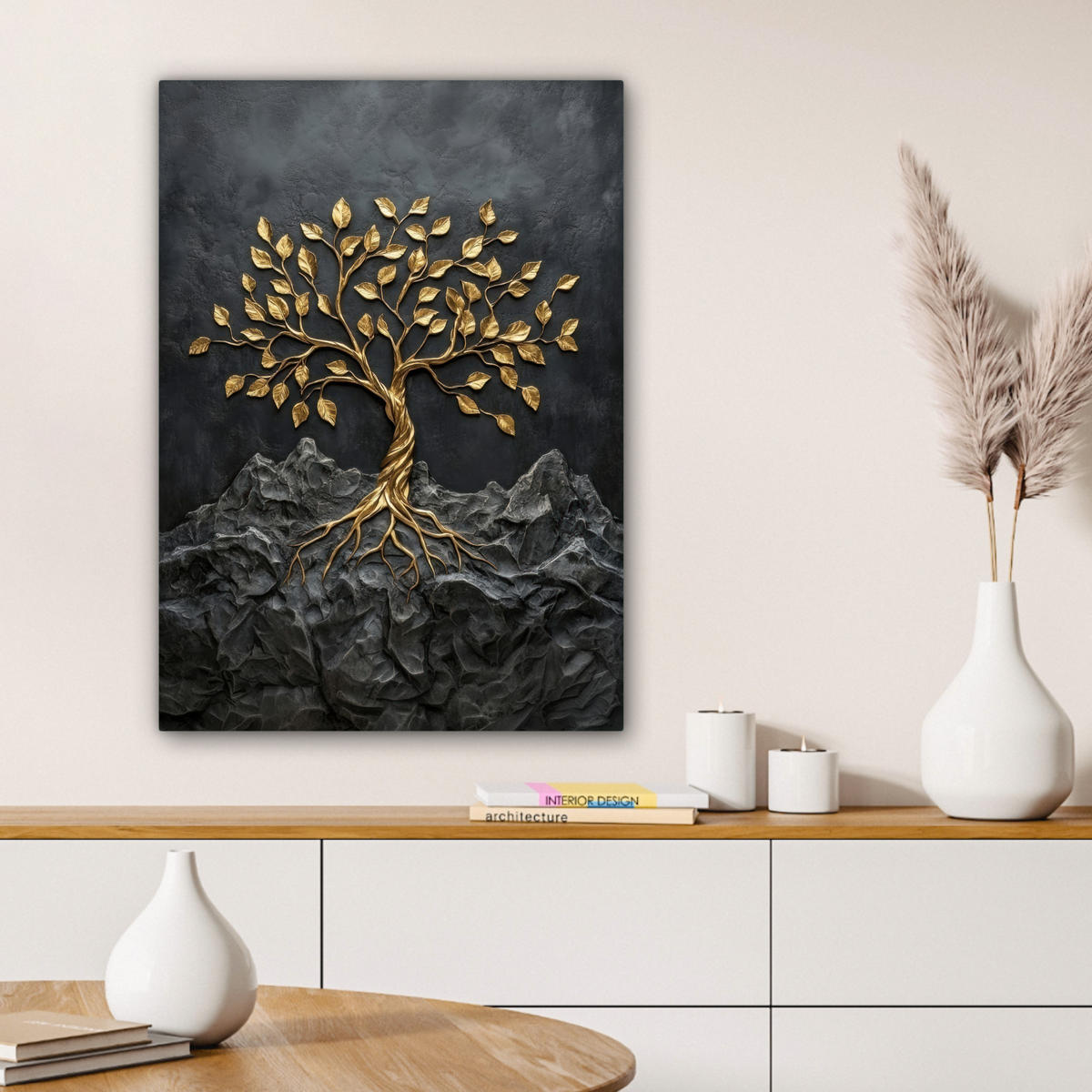 LEINWANDBILD Blätter - Gold - Baum - Fels Wandbild Wohnzimmer 60x80 cm - Schwarz, Textil (60/80cm) - MuchoWow