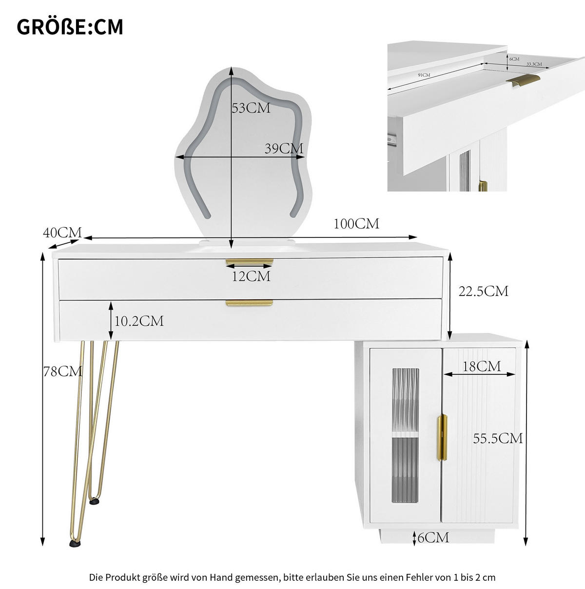 SCHMINKTISCH 100/40/78 cm in Weiß mit LED-Beleuchtung und 2 Schubladen - Weiß, Holzwerkstoff (40/78/100cm) - Flora Grace