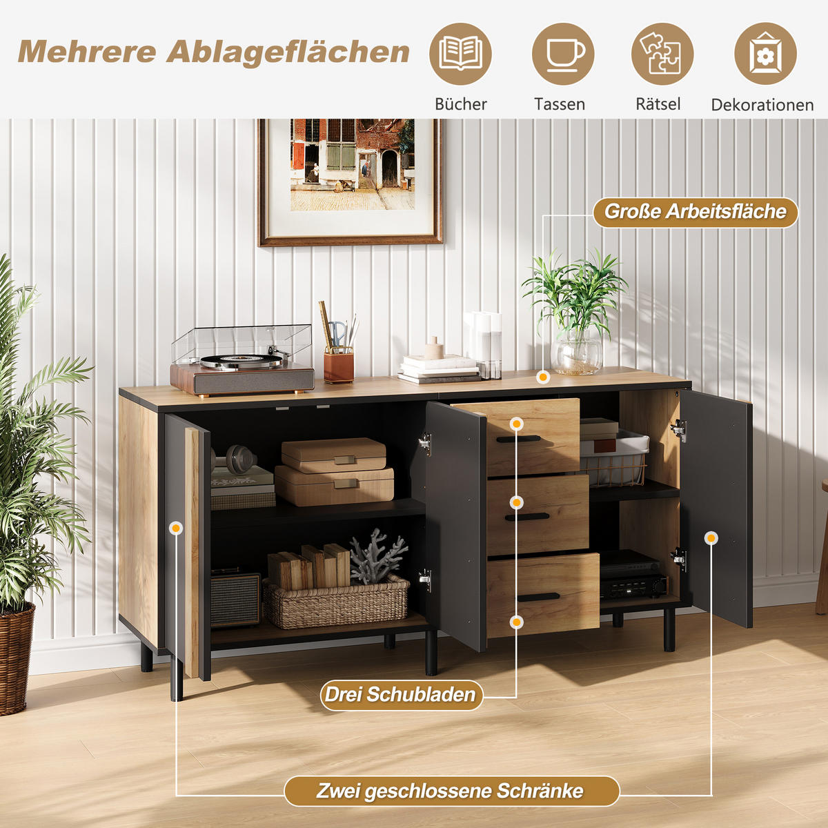 SIDEBOARD 140/35/70 cm mit 3 Türen, 3 Schubladen und Metallbeinen in Schwarz-Naturholzoptik - Schwarz/Naturfarben, Holzwerkstoff (140/70/35cm) - CHICFURN