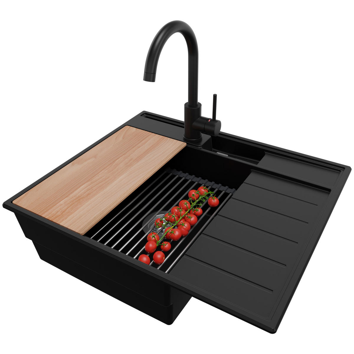 GRANITSPÜLE Sydney Pocket, 2-er set Schwarz 62/53 cm 1 Becken + Küchenarmatur 32/20 cm + Ablauf-Set + Küchenzubehörset ab 45er Unterschrank - Chromfarben/Beige, Kunststoff (62/20/53cm) - Primagran