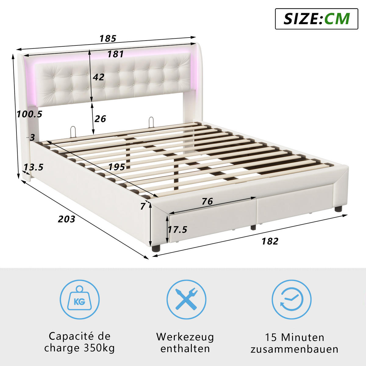 POLSTERBETT 180x200 cm, Beige, LED-Beleuchtung, Samt - Beige, Textil/Metall (180/200cm)