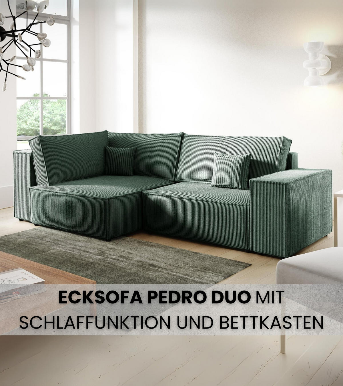 ECKSOFA Pedro Duo mit Schlaffunktion Grün Cord - Grün, Textil (246/153cm) - Bromarkt