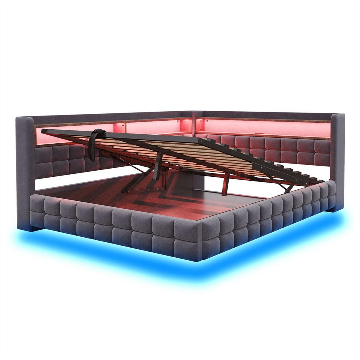 POLSTERBETT 140x200 cm mit hydraulischem Stauraum und Regal - LED Beleuchtung - USB & Typ-C - Grau - ohne Matratze - Grau, Textil (140/200cm) - DELFA